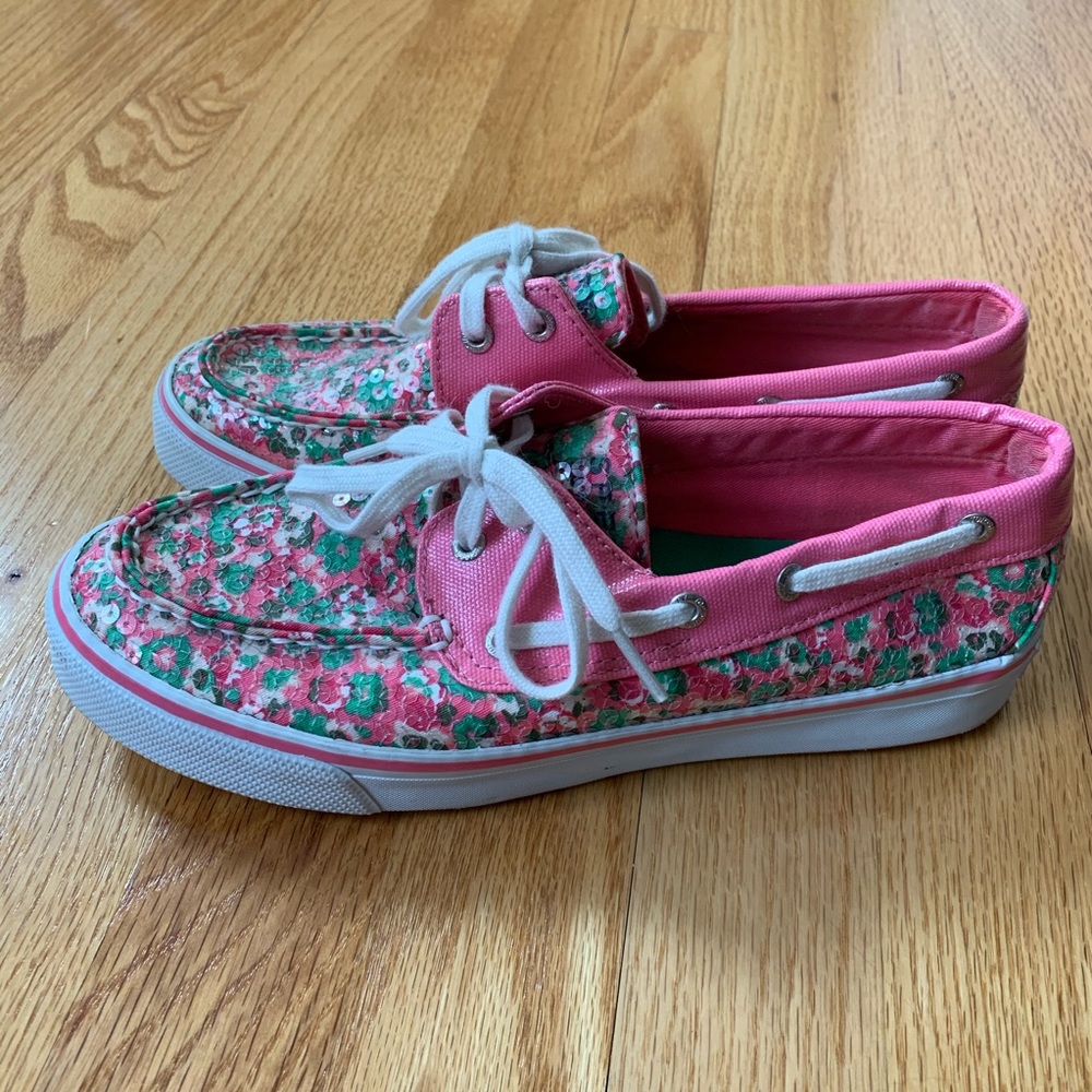 Sperry Top Sider Pink Floral Sequin Boat Shoe, sz 7